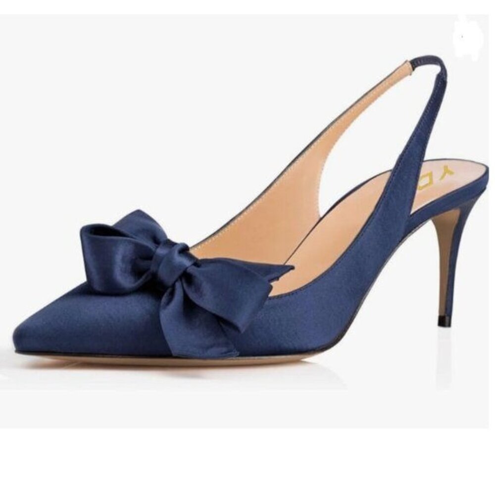 YDN Blue Pointed Toe Bow Slingback Slip on Pump Mid Heels Evening Satin Sandals